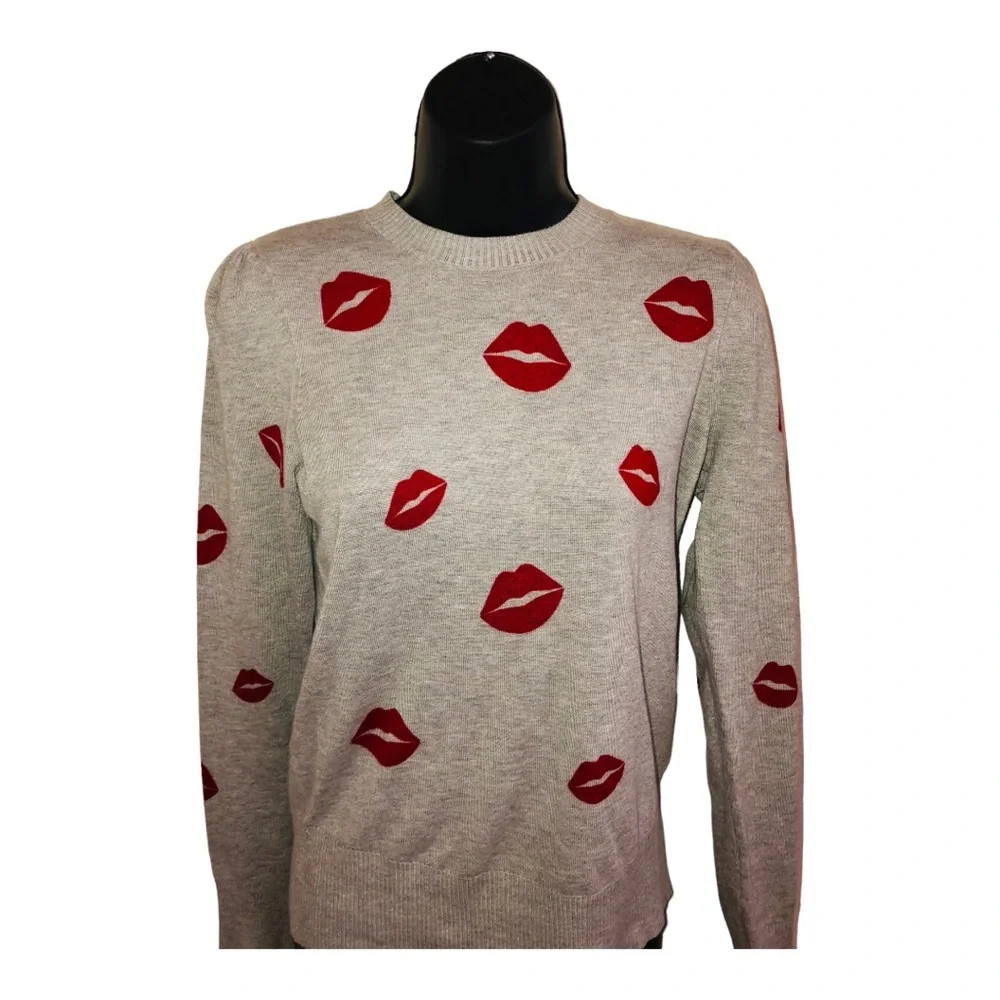 Grey red lipstick femme lips crewneck long sleeve knit sweater size XS brand new